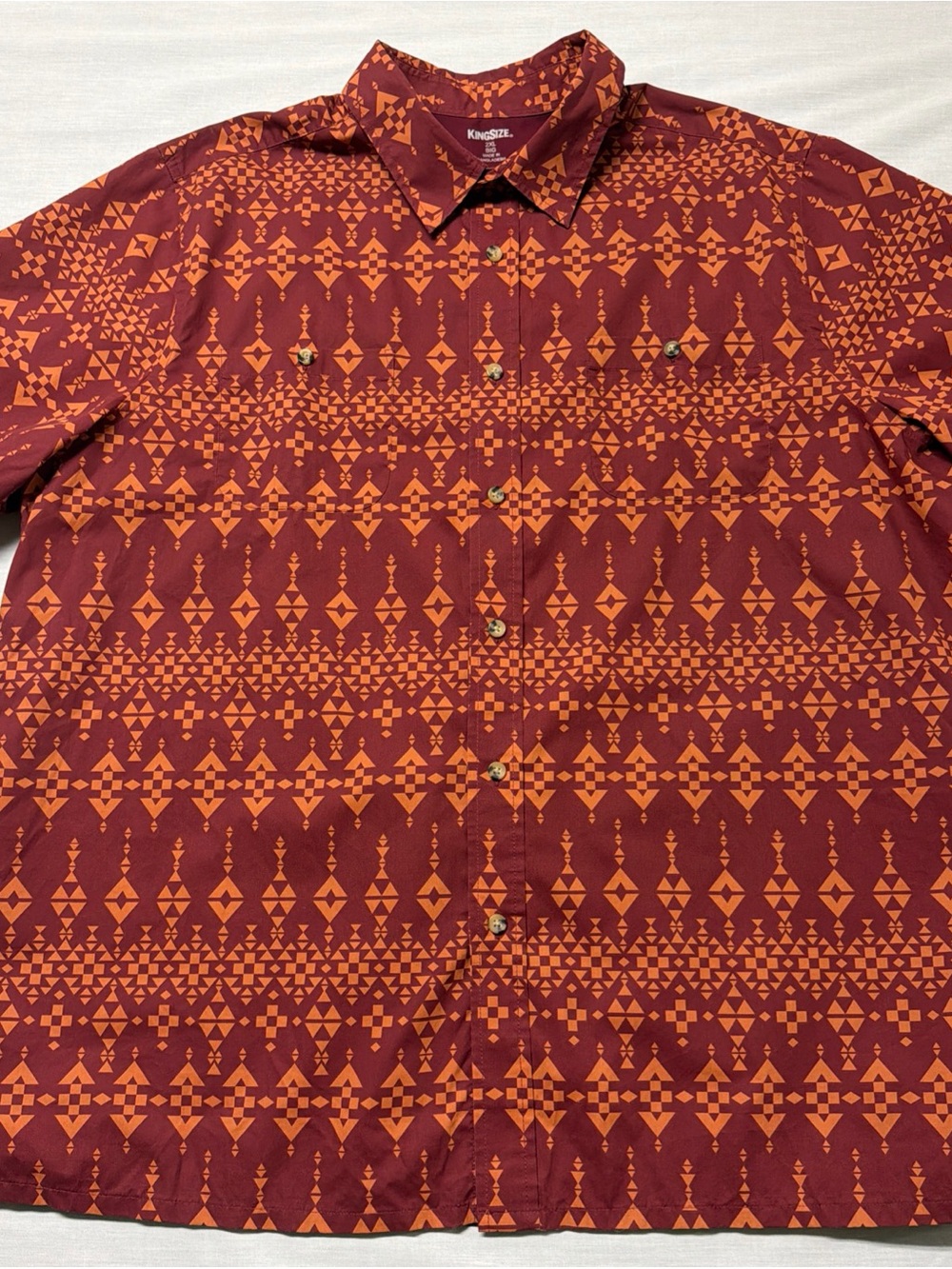King Size 2XL BIG Men's Maroon Red & Orange Aztec Geometric Button-Up Shirt